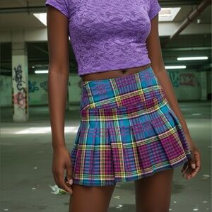 SOLD CURRENT MOOD Azure Chase the High Pleated Mini Skirt Plaid Blue Pink XXS